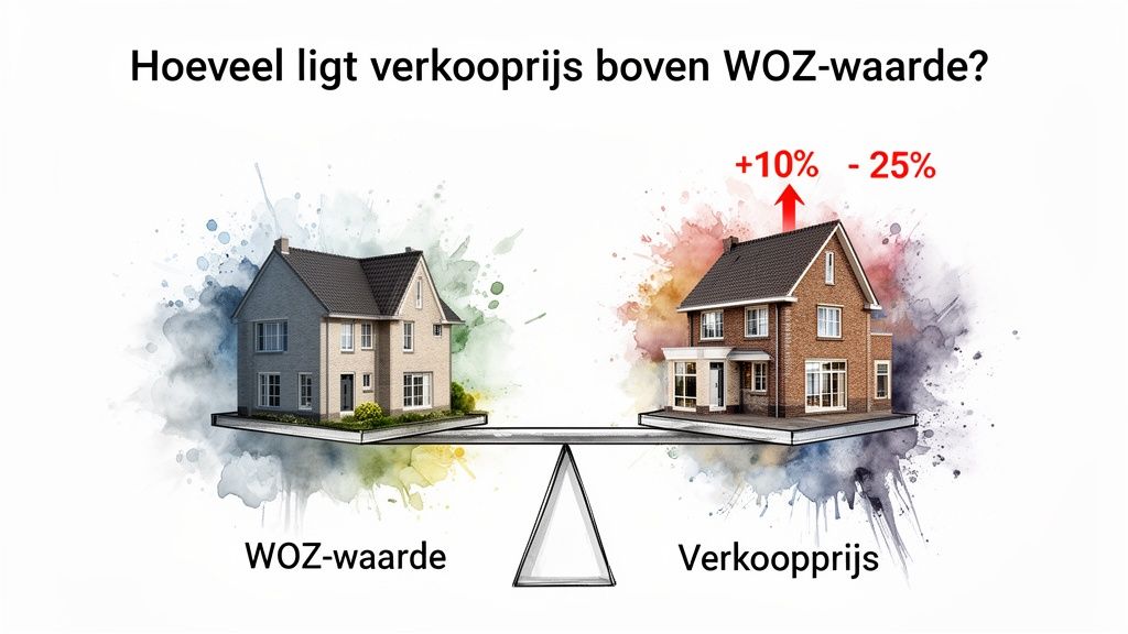 Een weegschaal vergelijkt WOZ-waarde en verkoopprijs van huizen, met percentages die het verschil tonen.