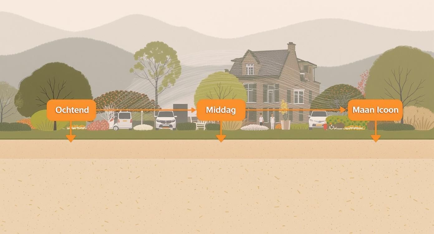 Illustratie van een tuin en huis met een tijdslijn van ochtend, middag en avond, inclusief ondergrondse lagen.