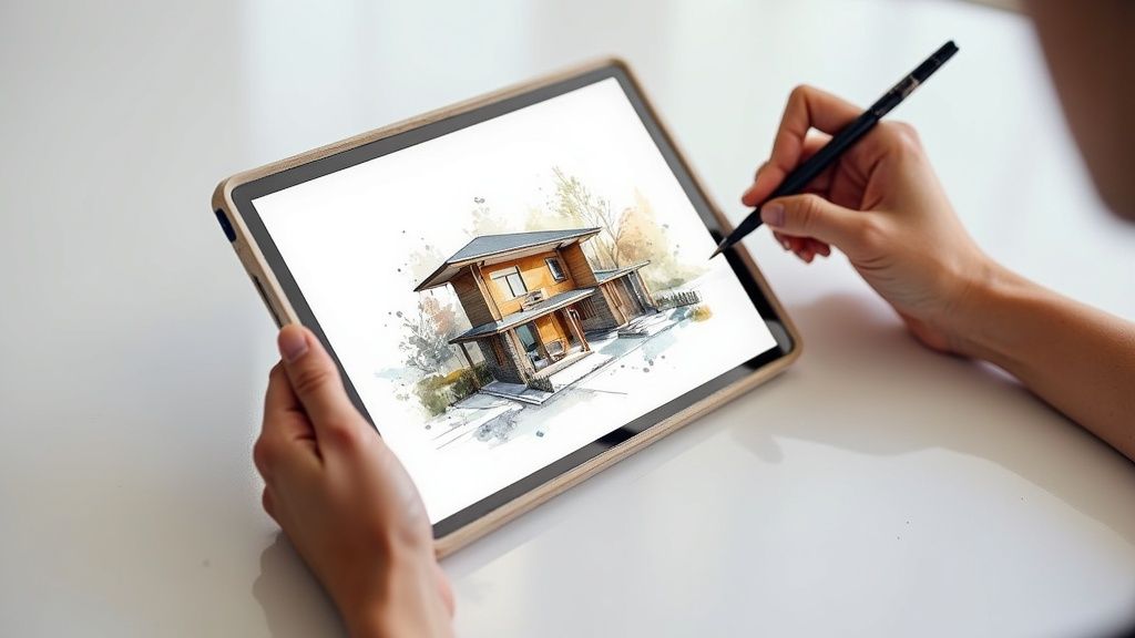 Persoon tekent modern huis ontwerp met digitale pen op tablet voor energie-efficiënte architectuur