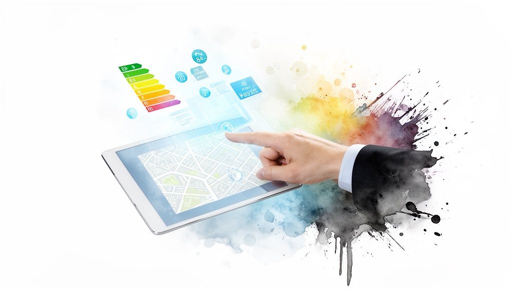 Een hand bedient een tablet met kaart en holografische schermen voor energie-efficiëntie, omringd door aquarelspatten.