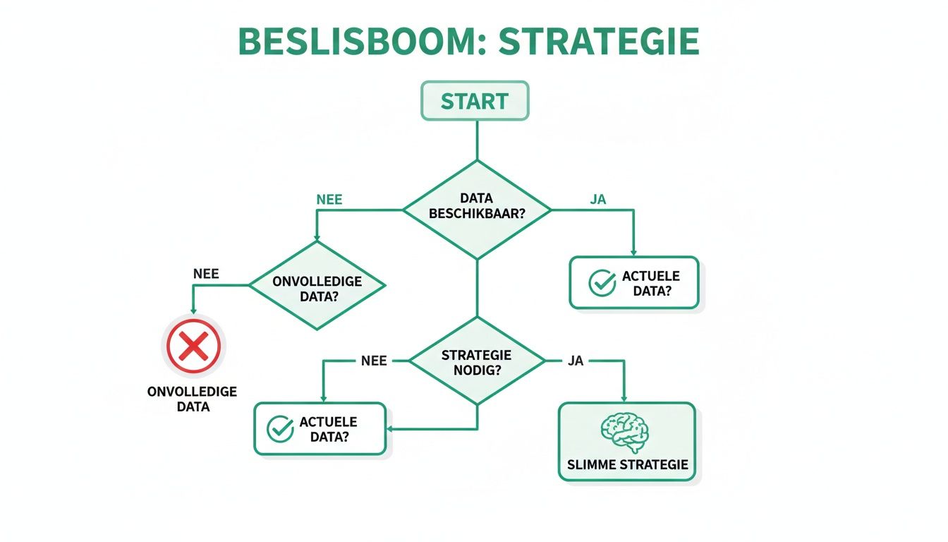 Beslisboom voor strategieontwikkeling, met stappen voor data beschikbaarheid, volledigheid en behoefte aan strategie.