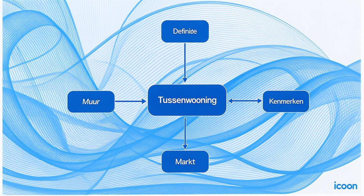 Stroomdiagram met 'Tussenwooning' centraal, verbonden met Definicie, Muur, Kenmerken en Markt