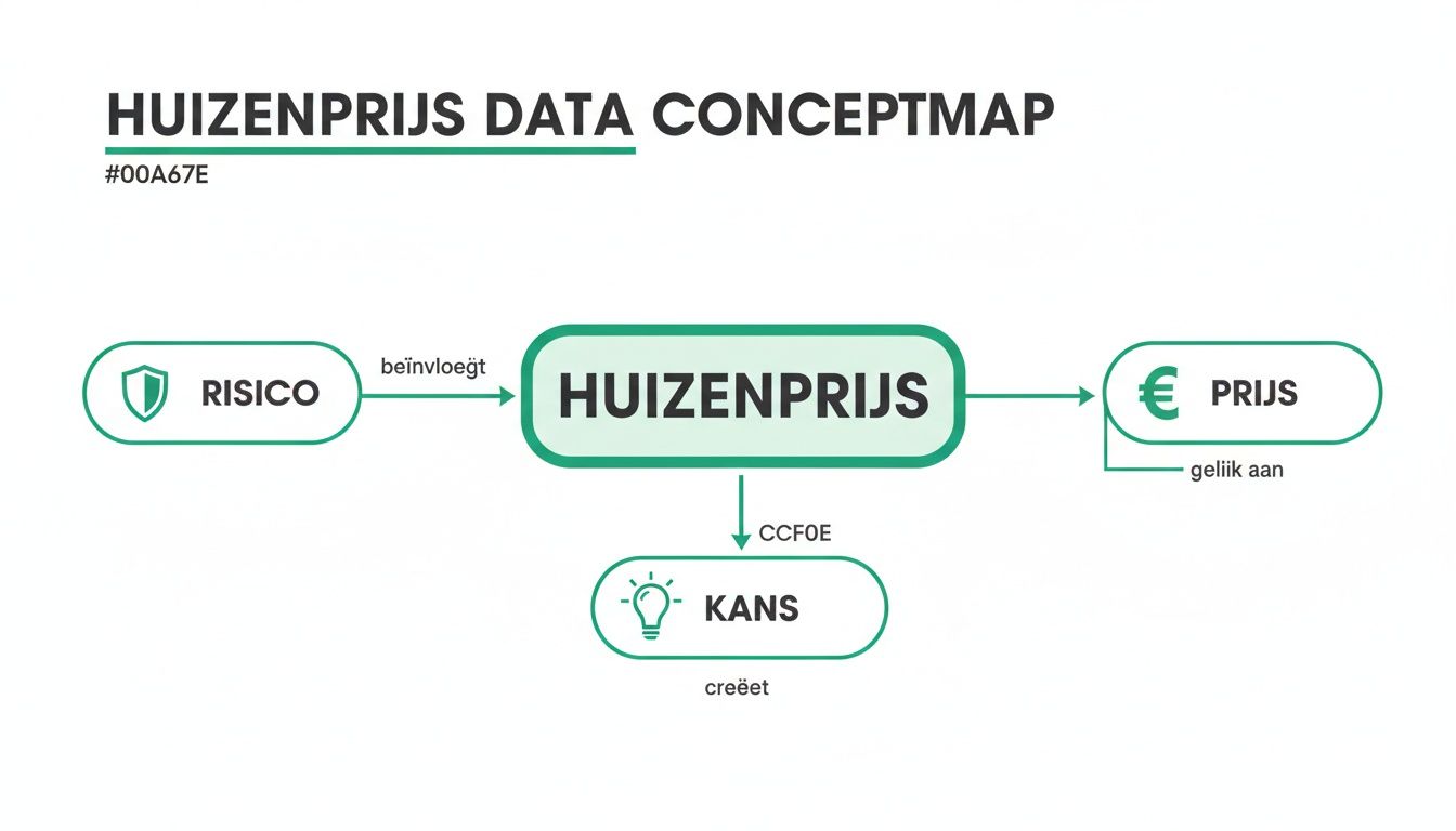 Conceptmap over huizenprijzen, toont relaties tussen risico, prijs in euro's en kansen.