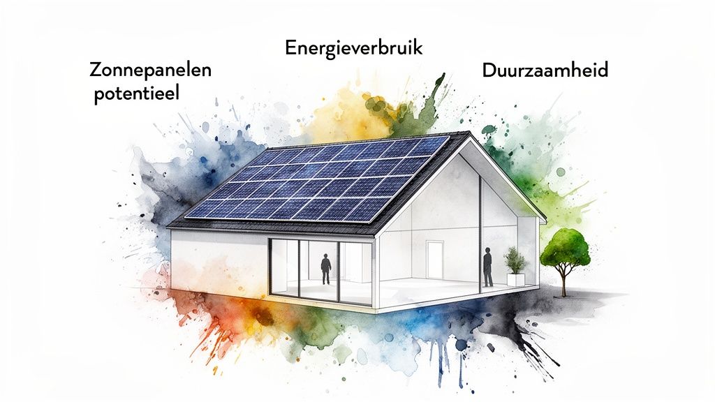 Illustratie van een modern huis met zonnepanelen, dat duurzaamheid en energieverbruik benadrukt.