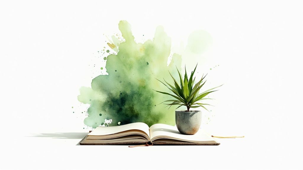 Een open boek met een kleine potplant en groene aquarelspatten op een witte achtergrond.