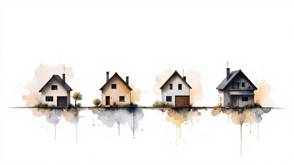 Vier geschilderde huizen in aquarel op een rij met waterverfvlekken eronder op een witte achtergrond.