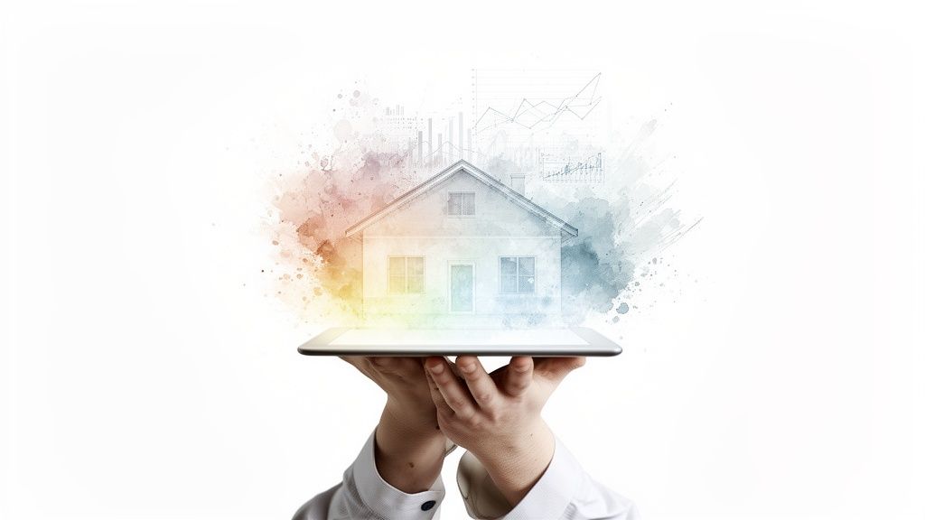 Handen houden een tablet vast waaruit een huis en grafieken oprijzen met waterverfspatten.