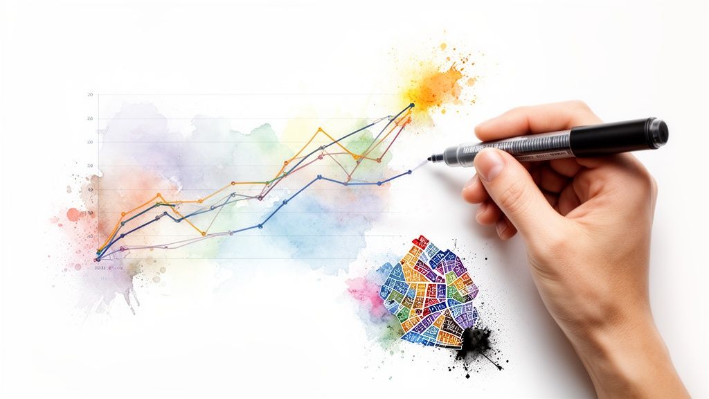 Hand tekent een kleurrijke lijn grafiek met markeerstift, omringd door aquarelspatten en een abstract huis.