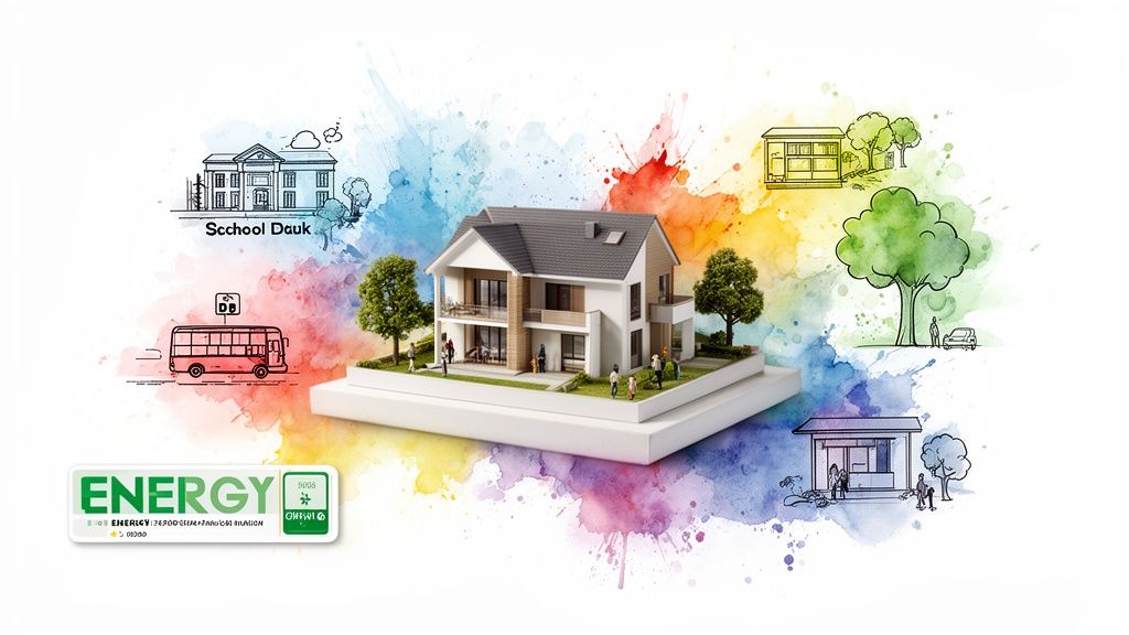 Een 3D-model van een modern huis met illustraties van een school, bus en groen, alles op een levendige aquarelachtergrond.