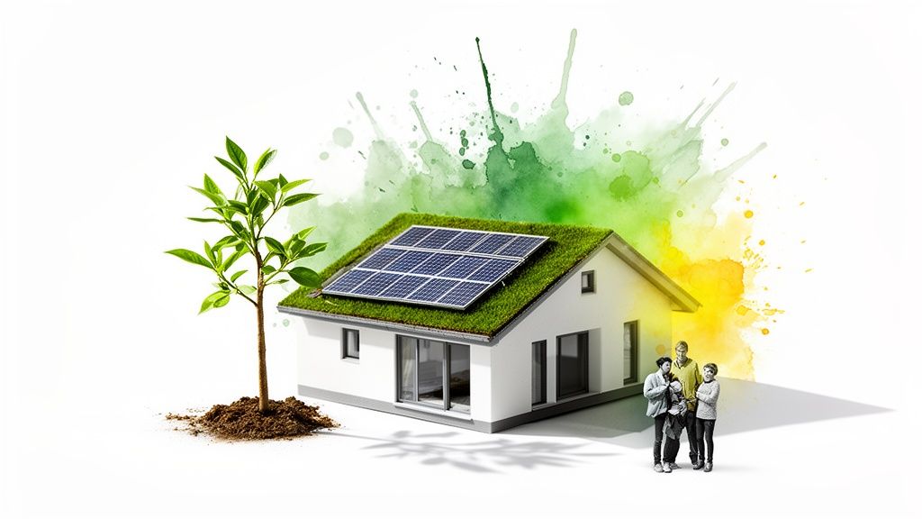 Een huis met groen dak en zonnepanelen, symboliseert duurzaam wonen en energiebesparing.