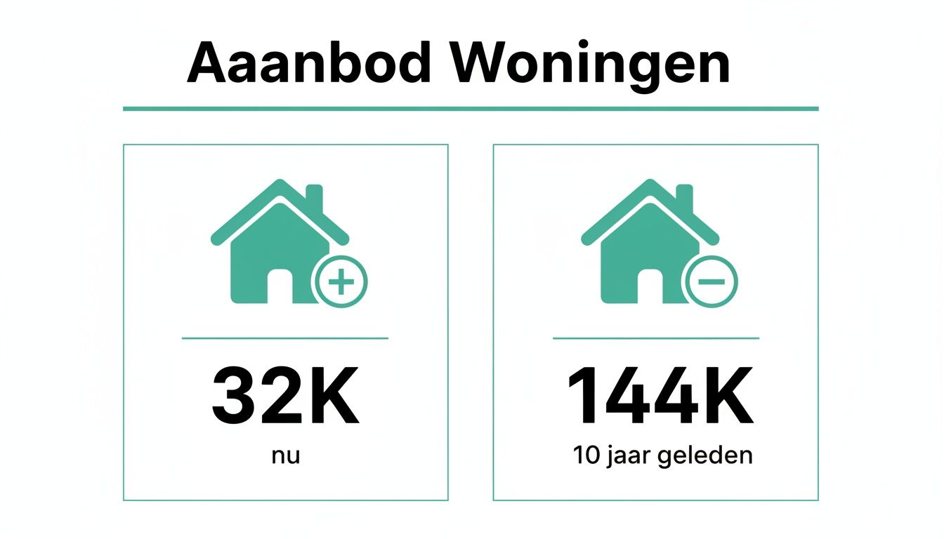 Visualisatie van het woningaanbod: 32K huizen nu vergeleken met 144K tien jaar geleden.