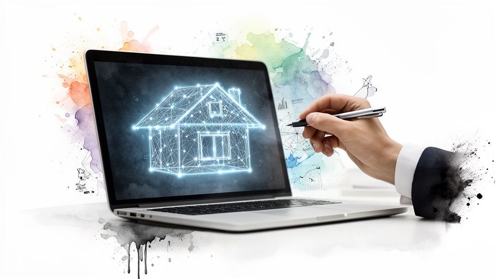 Laptop met een gloeiend, digitaal wireframe huis op het scherm en een hand met een pen.