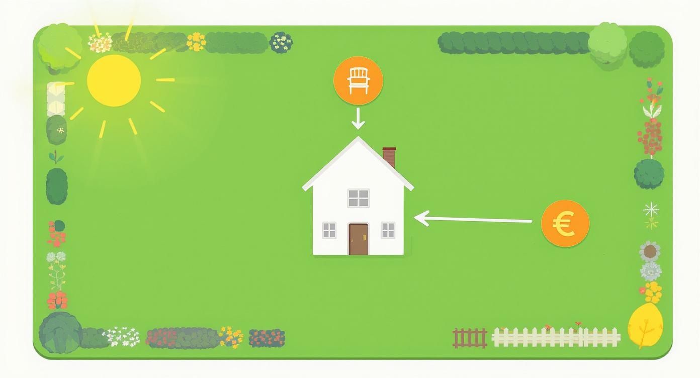 Illustratie van een wit huis in een groene tuin op het zuiden, met zon, een bank en een euroteken.