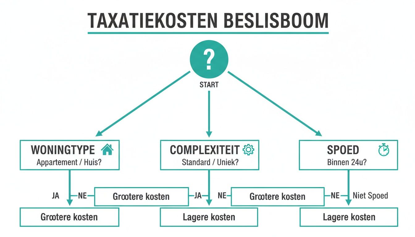 Een beslisboom over taxatiekosten: analyseert woningtype, complexiteit en spoed voor de uiteindelijke kosten.