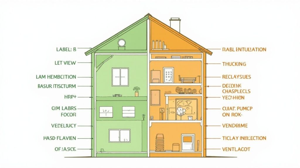 Doorsnede woning met vergelijking energielabel B (groen) en lagere isolatie (oranje)