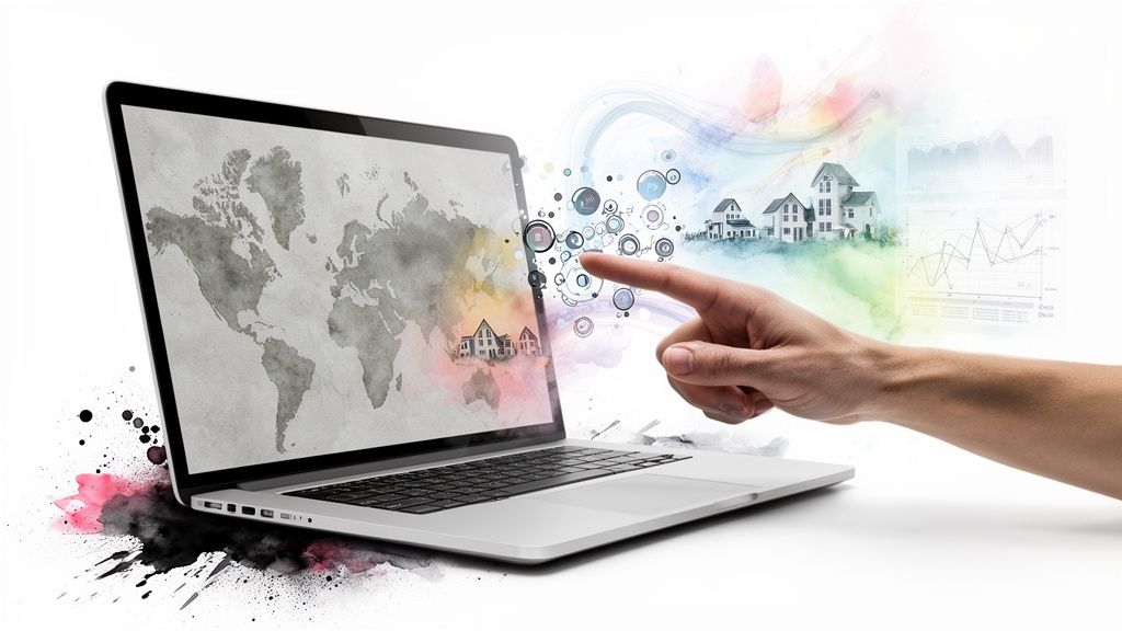 Laptop met wereldkaart, hand interacteert met huizen, grafieken en verbindingen, omringd door kleurrijke inktspatten.