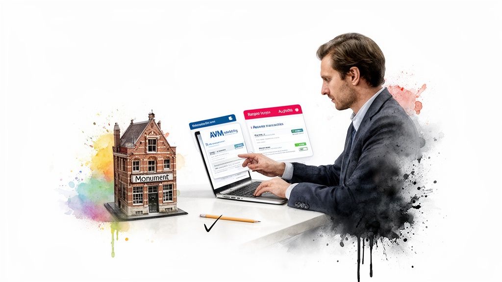 Een man berekent online de waarde van een monumentaal huis met een laptop.