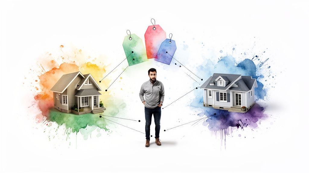 Man staat tussen twee huizen, verbonden met prijskaartjes, wat keuzes en waarde symboliseert.