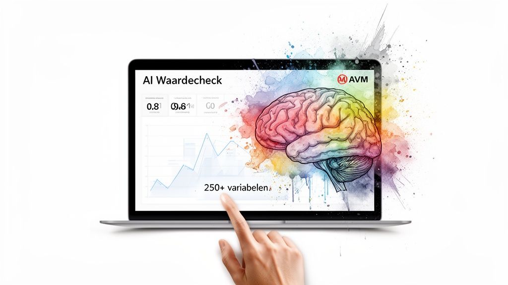 Laptop met 'AI Waardecheck' scherm toont grafieken, cijfers, 250+ variabelen en een kleurrijk brein. Een hand raakt het scherm aan.