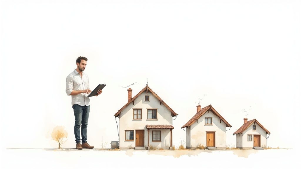 Man met tablet staat naast drie huizen van verschillende grootte, op een witte achtergrond.