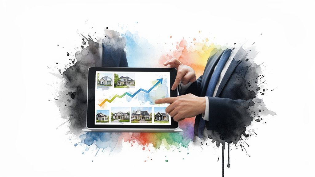 Zakelijk persoon wijst naar tablet met huizen en opwaartse trendgrafiek, symbool voor stijgende vastgoedwaarde.