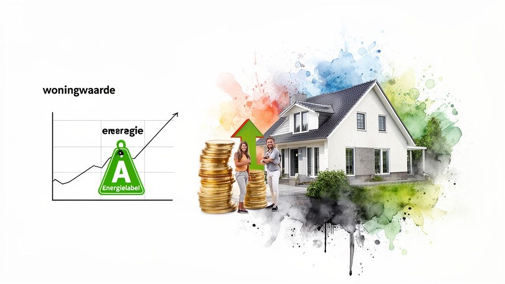 Een grafiek toont stijgende woningwaarde door een gunstig energielabel A, met een koppel bij geldstapels en een huis met kleurrijke spetters.