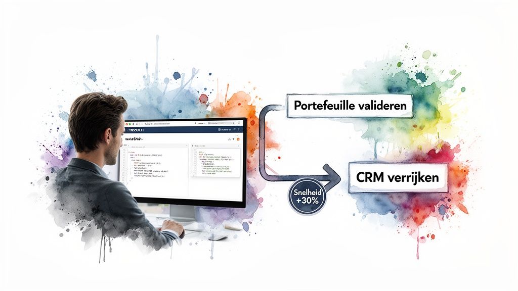 Man werkt aan computer met workflow voor portefeuillevalidatie en CRM-verrijking, wat de snelheid met 30% verhoogt.