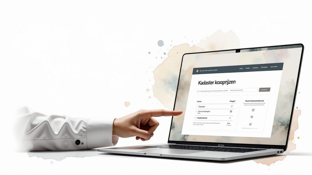 Een hand in een wit overhemd wijst naar een laptopscherm met de website 'Kadaster koopprijzen' en een minimalistische interface.
