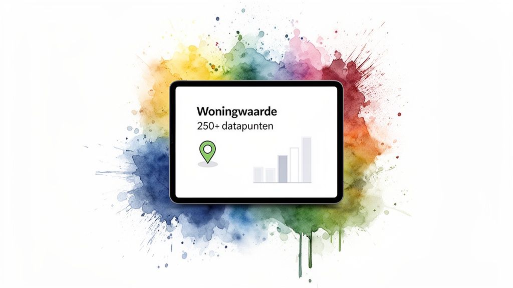 Een tablet toont de woningwaarde en 250+ datapunten met een locatiepin en grafiek, omringd door kleurrijke waterverfspatten.