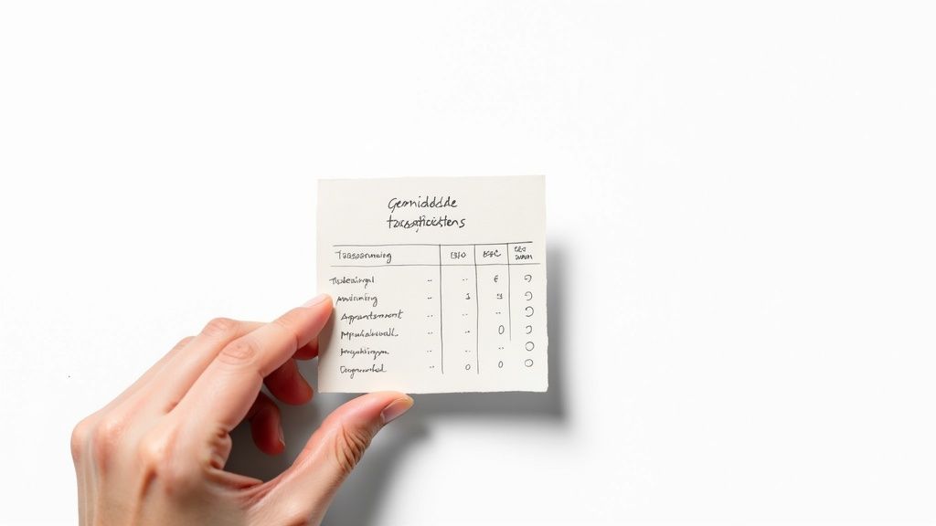 Een hand houdt een papiertje vast met een tabel van gemiddelde taxatiekosten voor verschillende woningtypen.