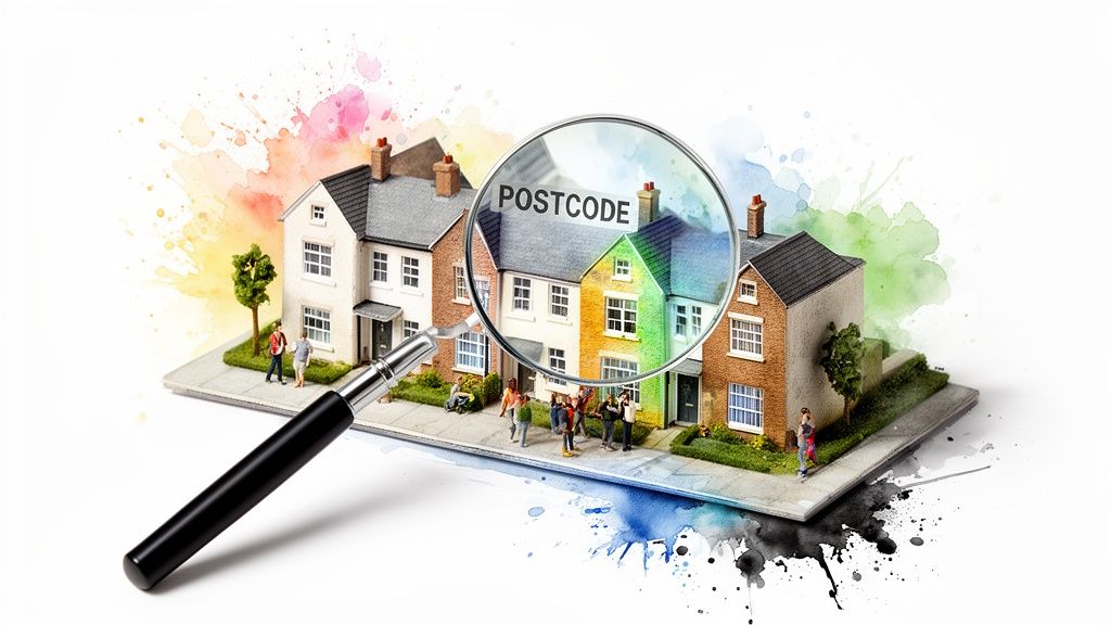 Een rij miniatuurhuizen met een vergrootglas dat het woord 'POSTCODE' toont, omringd door aquarelspatten.