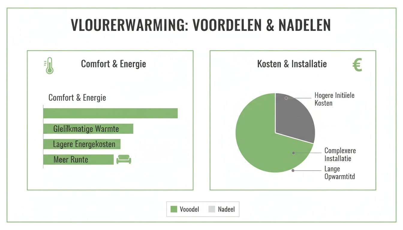 Infographic over vloerverwarming, toont de voordelen zoals comfort en lagere energiekosten, en nadelen zoals hogere initiële kosten en complexe installatie.