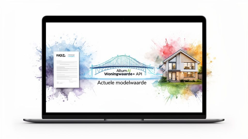 Laptop toont WOZ-document, Altum AI Woningwaarde+ API brug en een huis voor actuele modelwaarde.