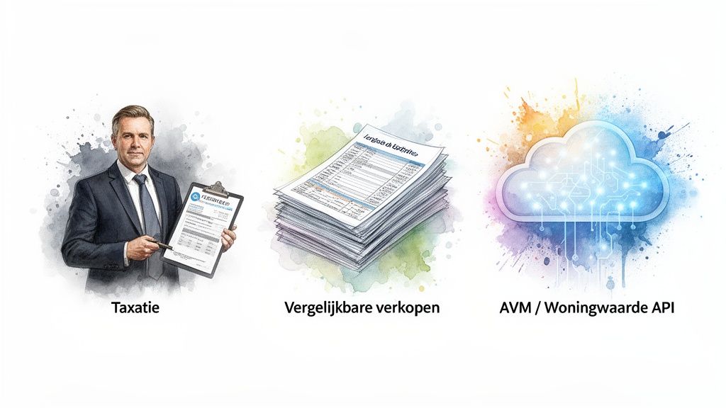 Methoden voor woningwaarde bepaling: taxatie, vergelijkbare verkopen en AVM woningwaarde API.
