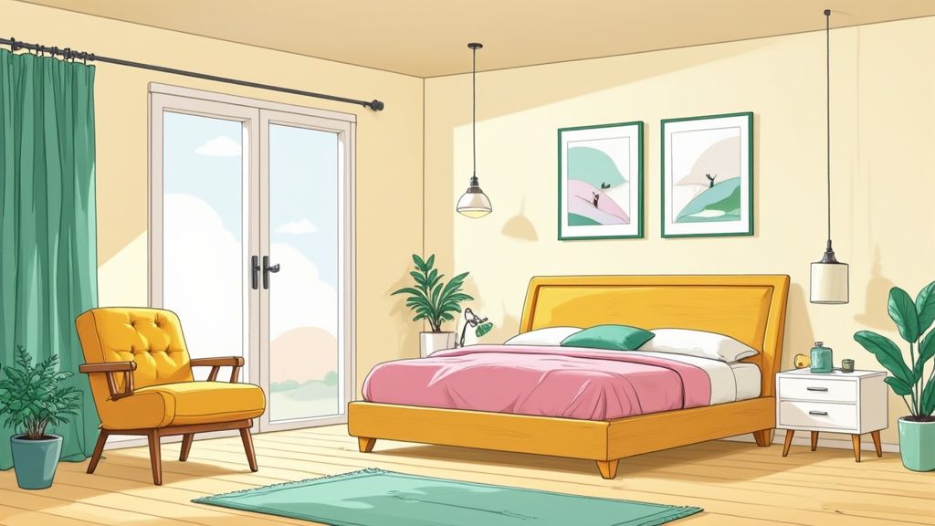 Moderne slaapkamer met geel bed, groene planten en natuurlijk licht door tuindeuren
