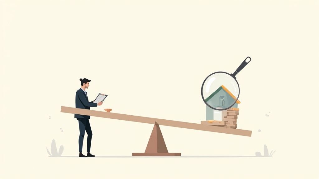 Een close-up van een rekenmachine en documenten op een bureau, wat het financiële en analytische karakter van een vastgoedtaxatie symboliseert.