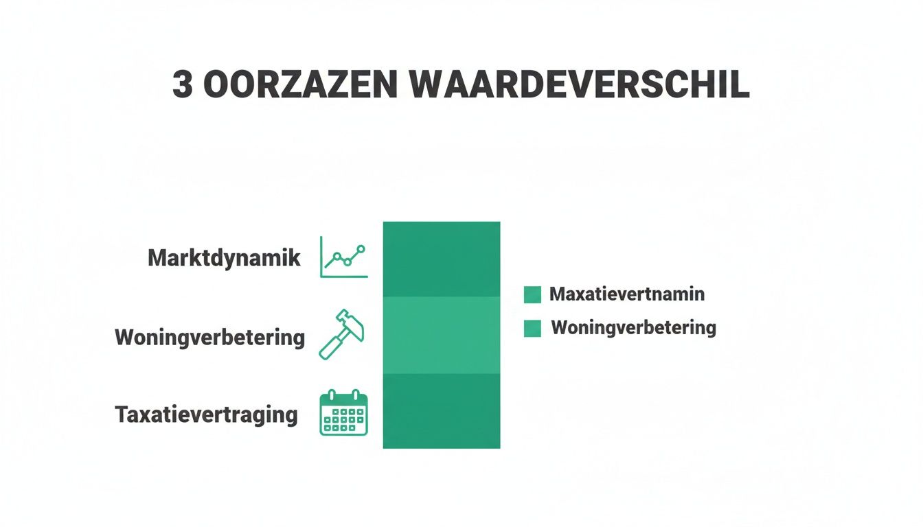 Infographic over de 3 oorzaken van waardeverschil: marktdynamiek, woningverbetering en taxatievertraging, met een gestapelde staafdiagram.