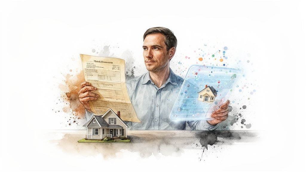 Een man kijkt naar een document en een digitaal scherm met een huis, symboliserend de woningwaarde bepaling.