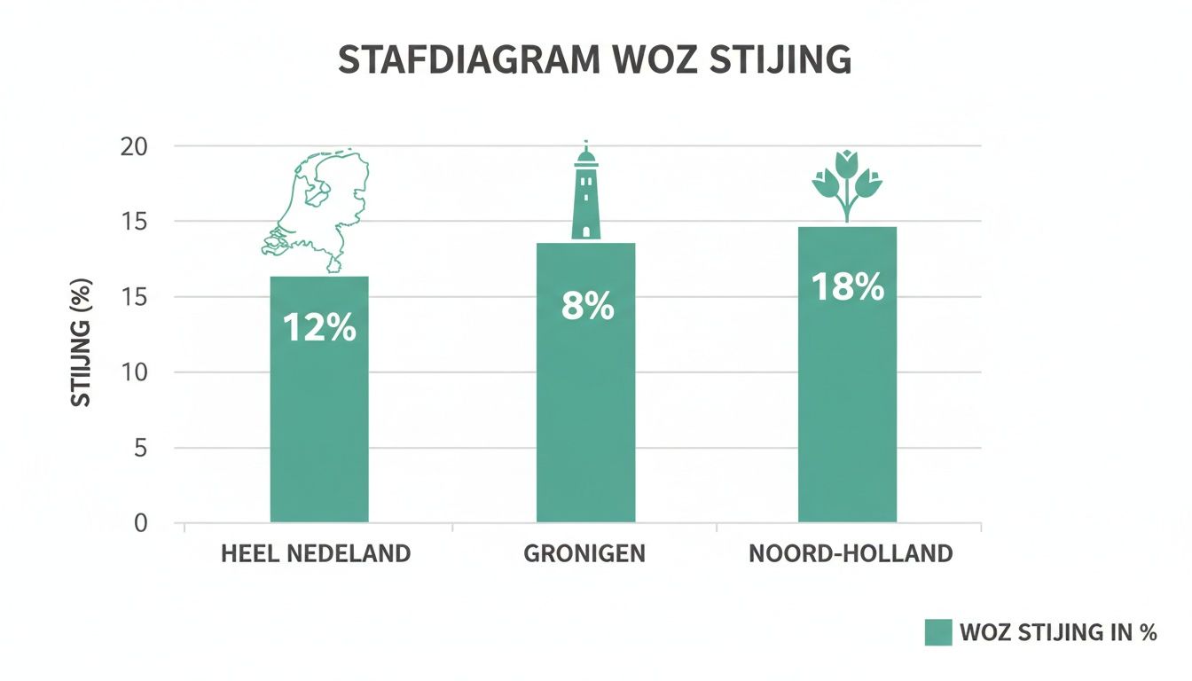 Staafdiagram van de WOZ-waarde stijging in percentages voor heel Nederland, Groningen en Noord-Holland.