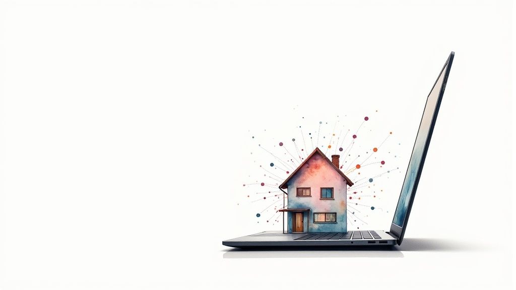Een huisje op een laptoptoetsenbord met kleurrijke stralende punten, symboliseert slim wonen of online vastgoed.
