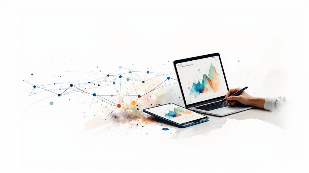 Een hand werkt met een stylus op een laptop met grafieken, naast een tablet, omringd door datapunten.
