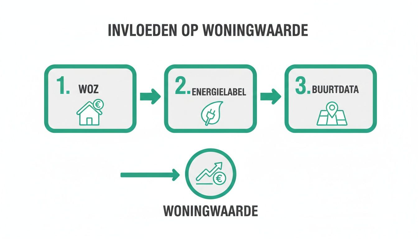 Overzicht van factoren die de woningwaarde beïnvloeden: WOZ, energielabel en buurtdata leiden tot woningwaarde.