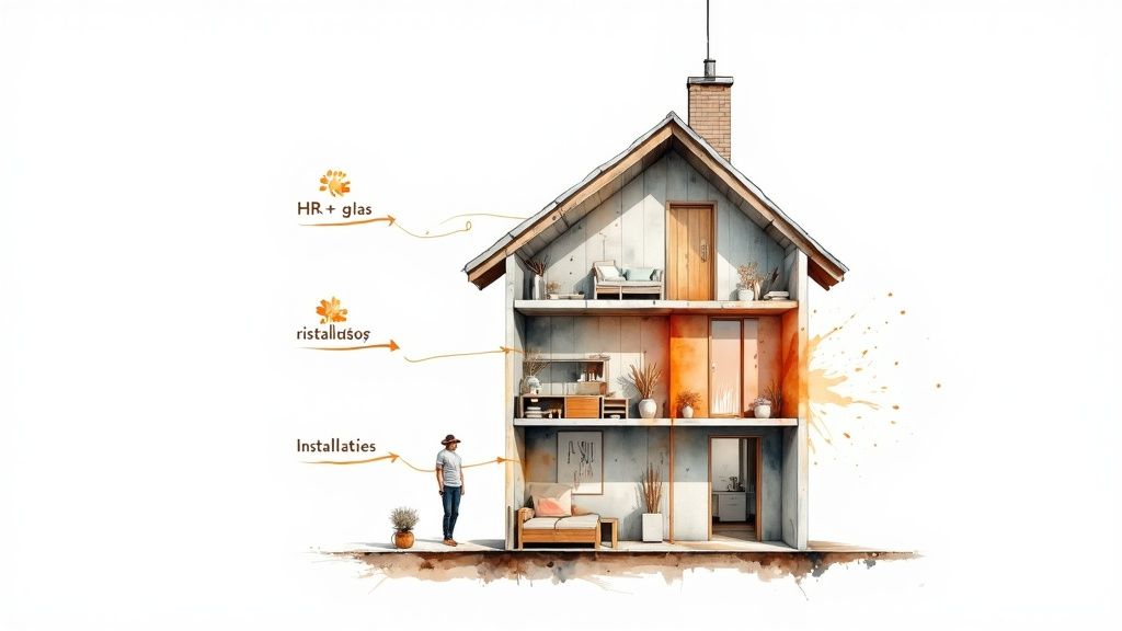Een doorsnede van een modern huis met gelabelde verdiepingen, gericht op energie-efficiëntie en installaties.