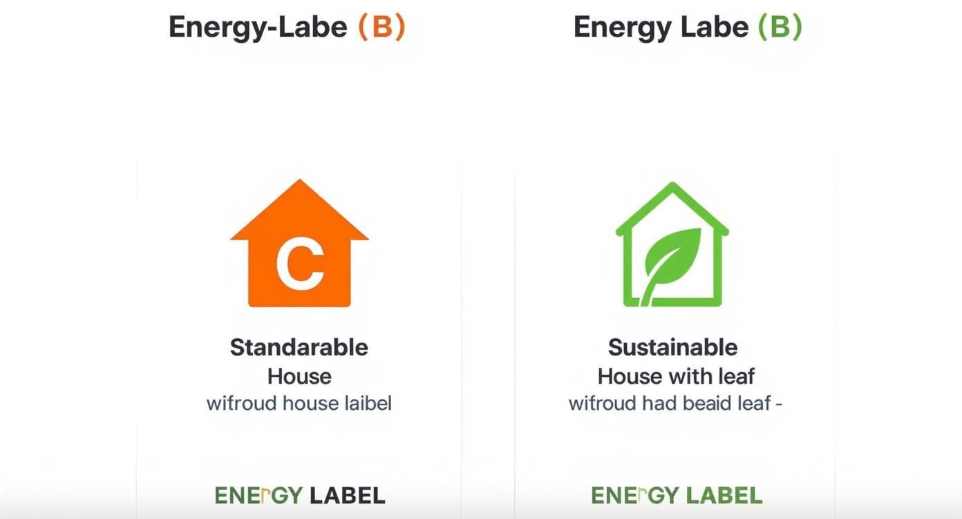 Vergelijking tussen energielabel C oranje huis en energielabel B groen duurzaam huis met blad symbool
