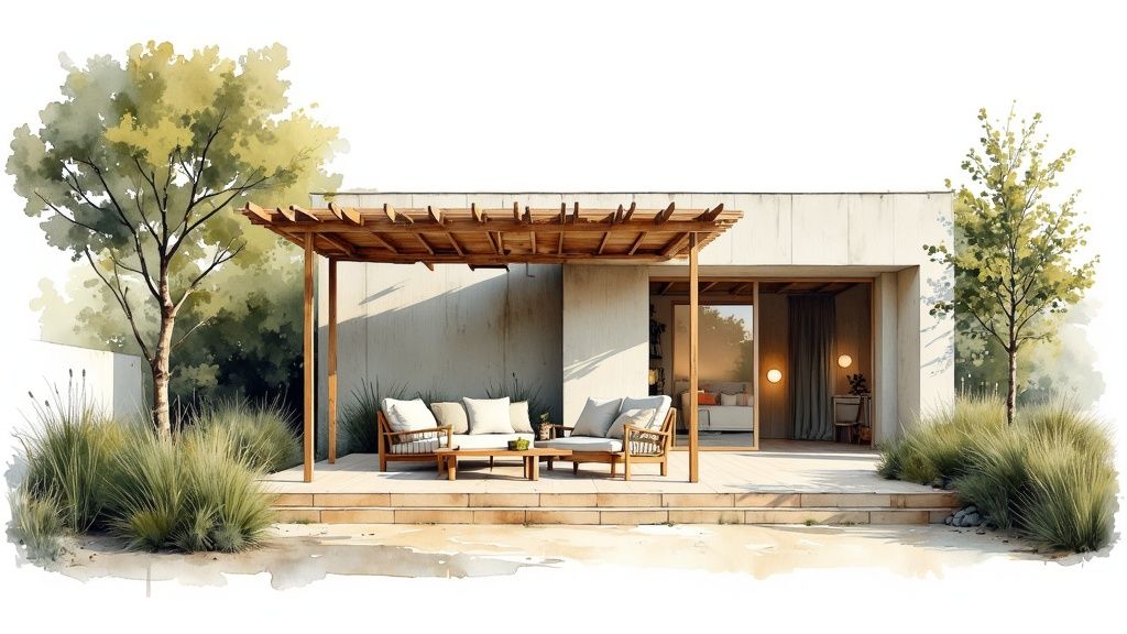 Een schilderachtig terras met houten meubels onder een pergola, omgeven door groen en bomen, bij een modern huis.