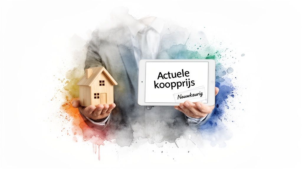 Een persoon toont een houten huisje en een tablet met 'Actuele koopprijs' en 'Nauwkeurig'.