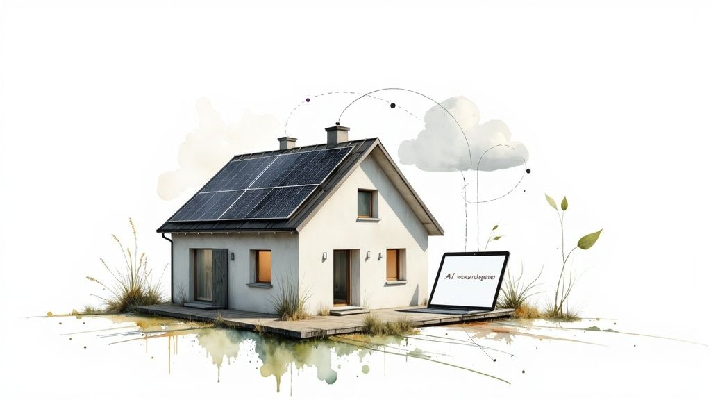 Moderne woning met zonnepanelen, verbonden met een laptop met 'AI waardebepaling' en een cloud.