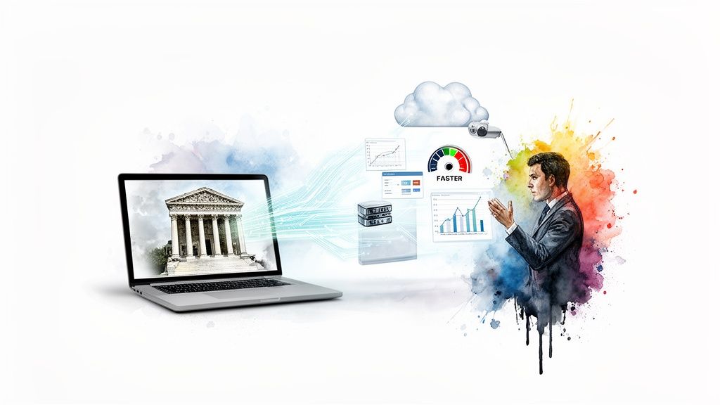 Laptop toont gerechtsgebouw, met datastromen, grafieken, cloud en snelheidsmeter naar een zakenman.