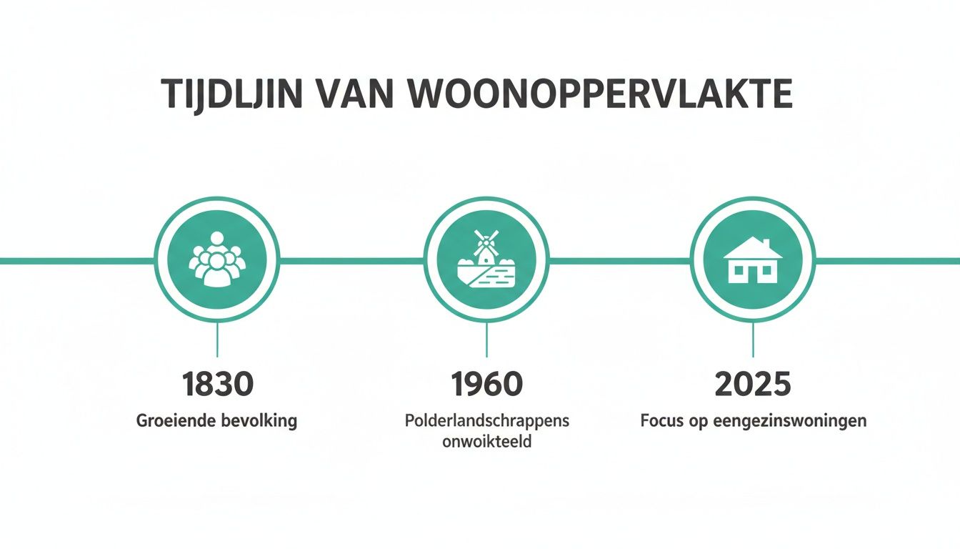 Tijdlijn van woonoppervlakte met mijlpalen in 1830 (groeiende bevolking), 1960 (polderlandschappen) en 2025 (eengezinswoningen).