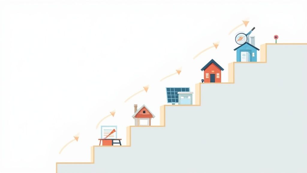 Illustratie van huizen op trap die energielabel verbetering en woningwaarde groei symboliseert